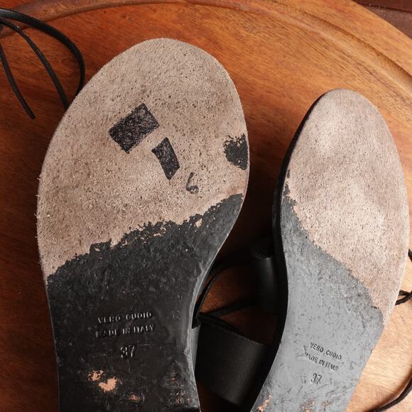 Club Monaco Sandals WMS SZ EU 37 US 6.5 BLK Leather Ankle Wrap Flat Boho Shoes - Picture 13 of 14